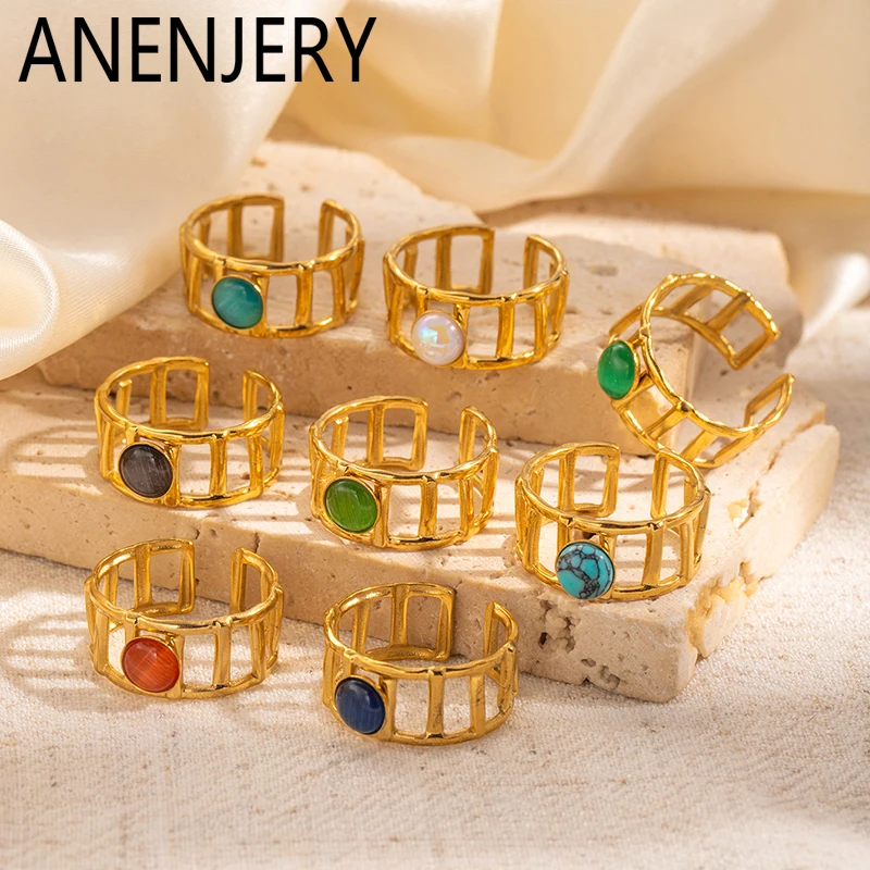 ANENJERY 316L Stainless Steel Geometry Hollow Square Wide Open Ring for Women Men Fashion Jewelry Gifts Wholesale