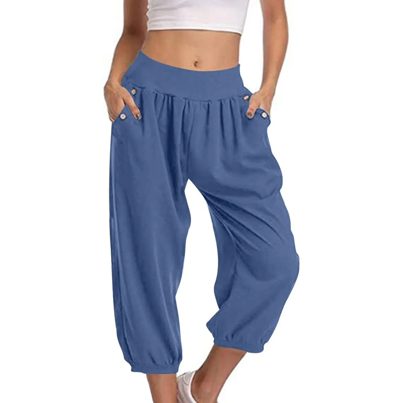 Pantaloni corti con corsetto a gamba dritta tinta unita da donna con tasca pantaloni Casual elasticizzati in vita con petto e pantaloni della tuta di moda