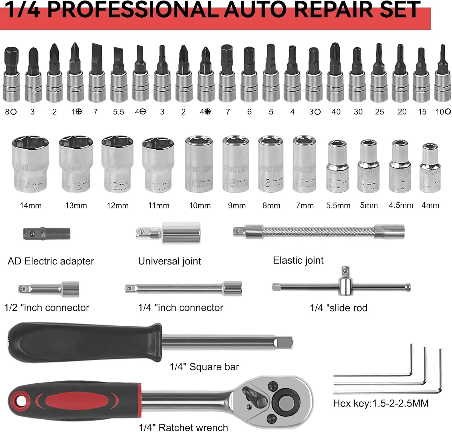46-Piece Ratchet Wrench Set - Heavy Duty Socket Spanner Kit with Toolbox for Auto Mechanics & DIY Red Color Case