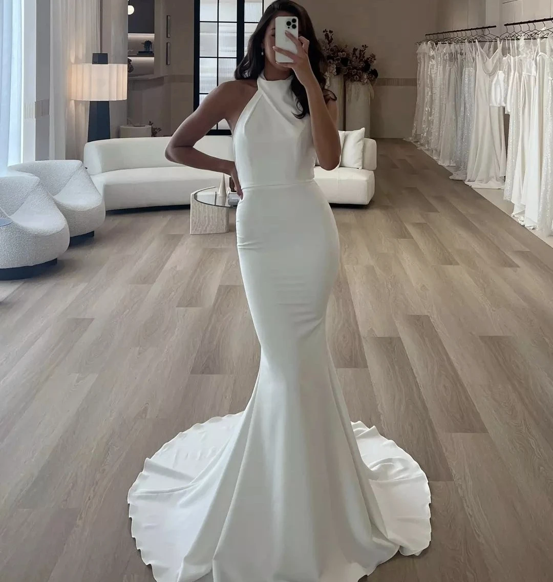 Halter Satin Wedding Dress Backless Mermaid Bridal Gowns Sleeveless For Women Charming Stunning Robe De Mariee Court Train 2024