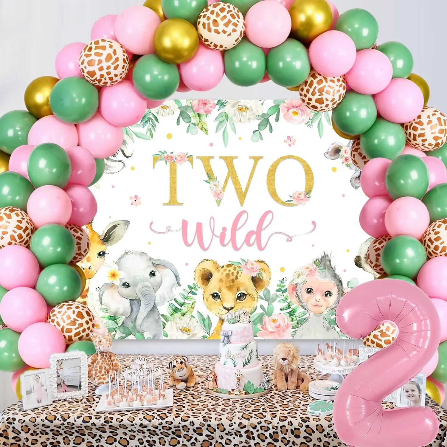 sursurprise Pink Safari 1st Birthday Decorations Jungle Theme Wild One Backdrop Pink Sage Green Balloon Forest Animal Balloons