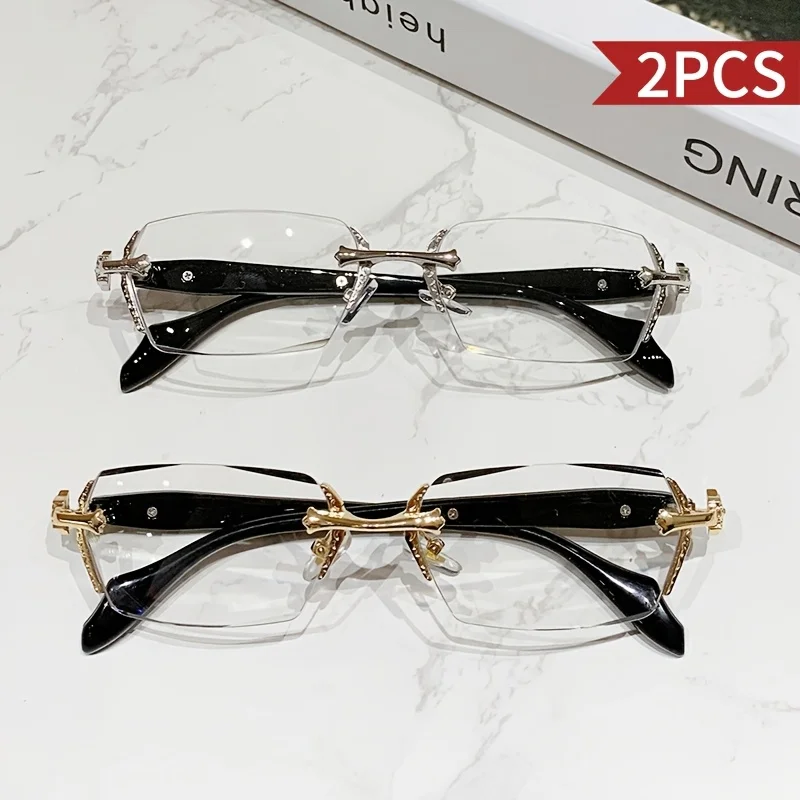 2 Sets Pure Desire Style Metall-Brillengestelle im Heavy-Craft-Stil, rahmenlos mit Diamanten, geschliffene Kanten, flacher Spiegel, für Alltag, Freizeit, Büro und Lesen
