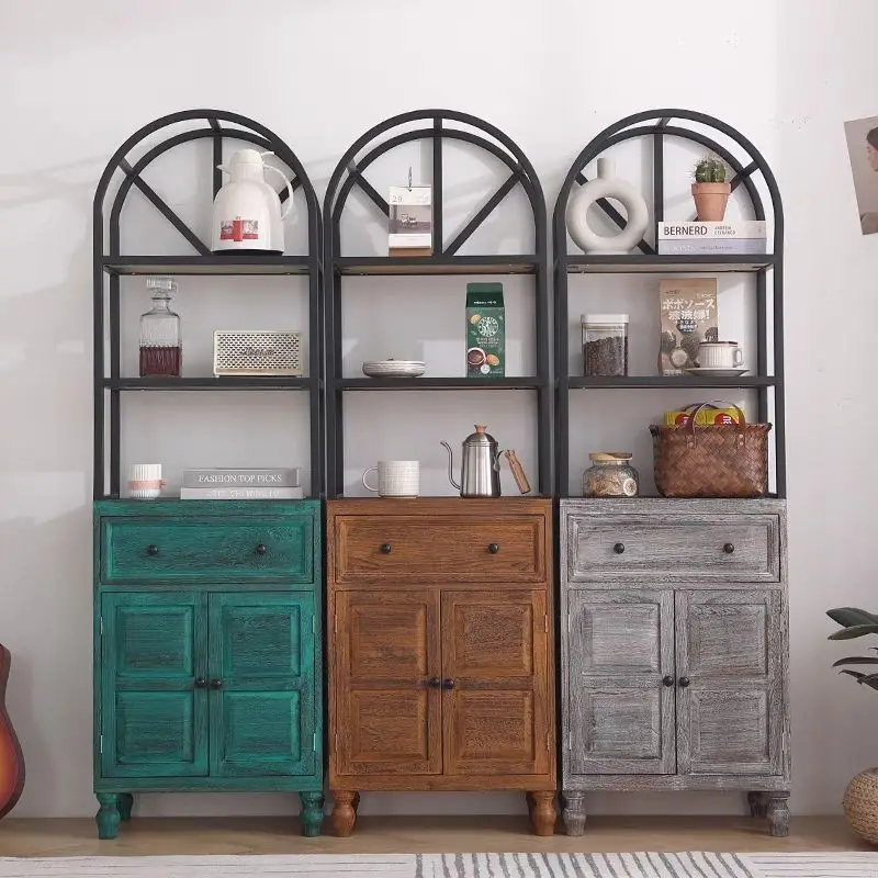 

American wrought iron storage cabinet retro solid wood multi-layer shelf living room locker retro bookcase retro style Internet