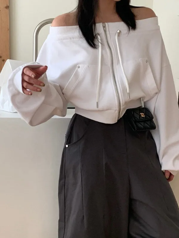 Chic Shoulder Bared One Shoulder Zipper Short Style Sweatshirt Women's Loose Fit Drawstring Autumn Design Trendy Commute Style
