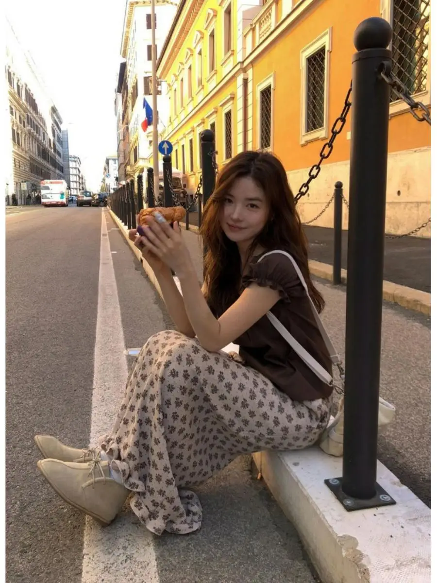  Floral Print Maxi Skirt Women's High Waist Draped Slimming Long Casual Skirt with Lace Hem Straight Cut A-Line Skirt