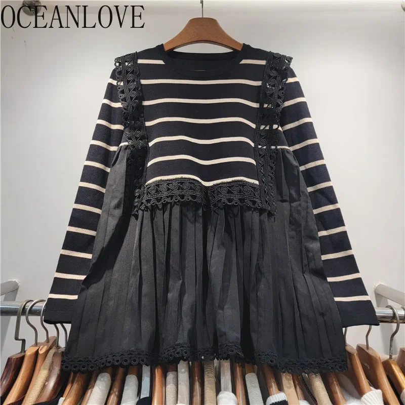 OCEANLOVE Lace Ruffles Women Sweaters Stripes Loose Vintage Autumn Winer Sueter Mujer Patchwork Fashion Sweet Pullovers