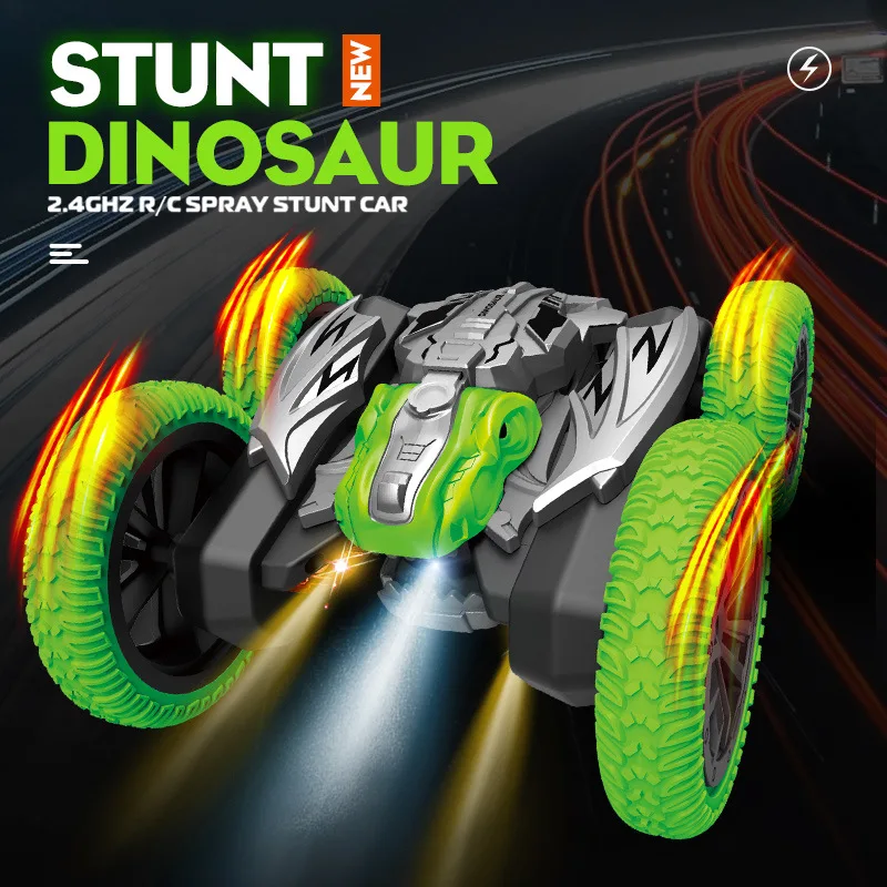 Remote Control Stunt Car Dinosaurs LED Tight Truck RC Cars 4WD 2.4Ghz Double Sided 360° Rotating Electric Model Xmas Toy for Boy