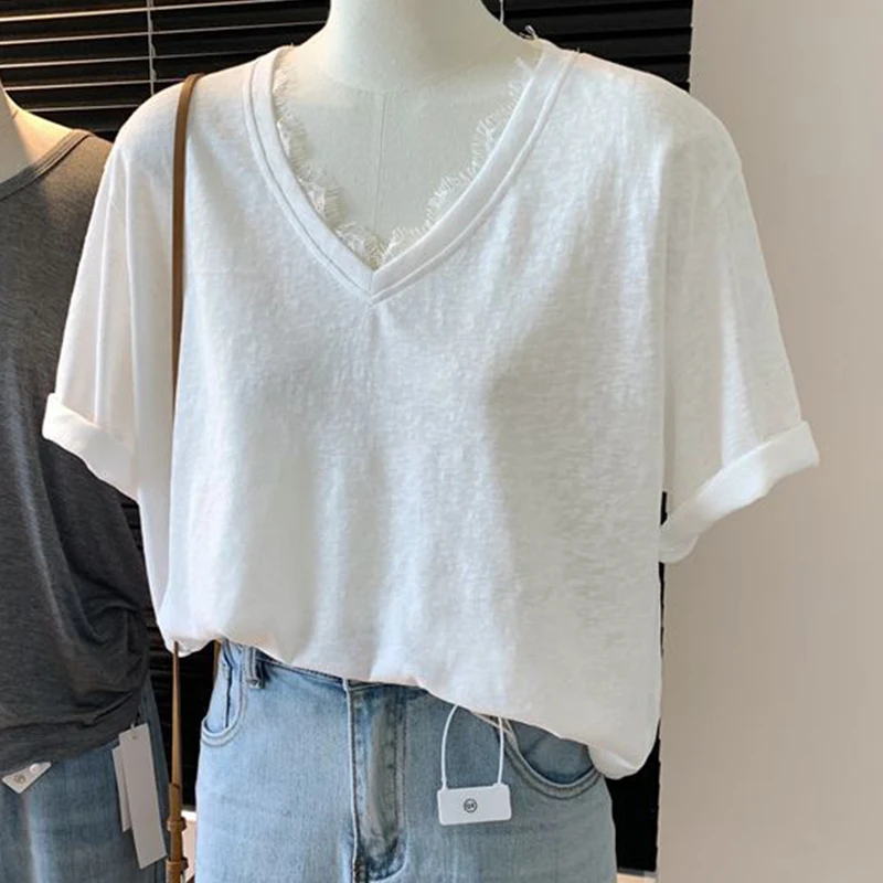 Pure Desire Style Lace Spliced V-Neck Tees for Women Summer Solid Short Sleeve T-Shirts Casual Loose Female Plus Size Thin Tops