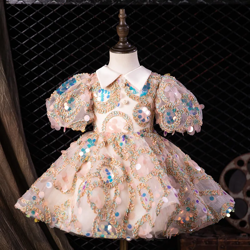 2023 Flower Girls Dresses Kids Turkish Sequin Ball Gowns Vintage Spanish Children Party Dresses Purim Holiday Birthday Dress