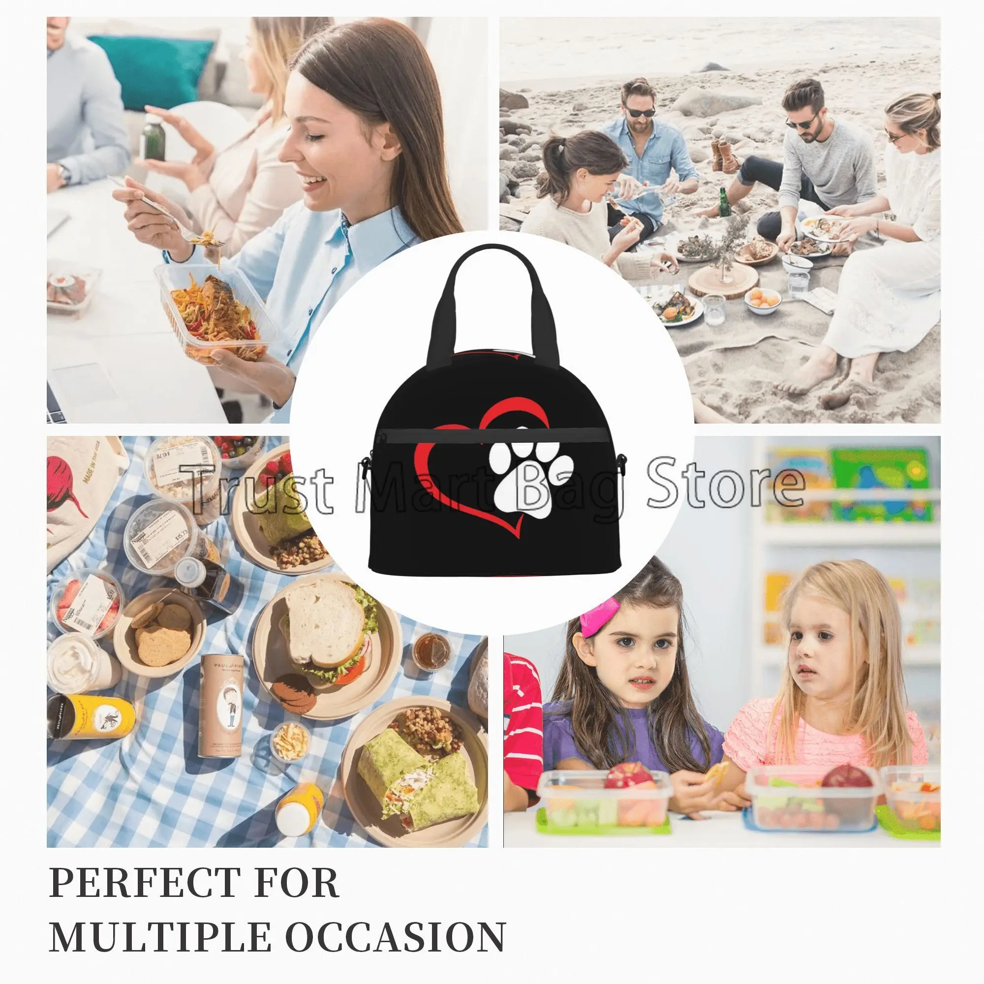 Dog Paw Insulated Lunch Bag for Kids Women Red Love Heart Puppy Paw Lunch Box with Shoulder Strap Resuable Thermal Bento Bag