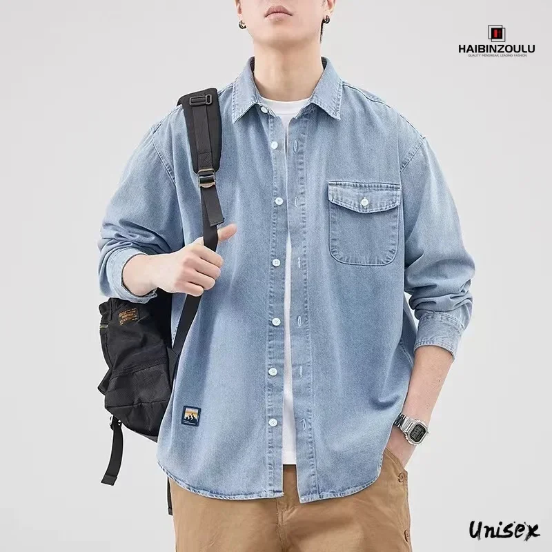 الصناعة الثقيلة غسلها الدنيم سترة الرجال الربيع والخريف جديد عصري العلامة التجارية وسيم الأدوات سترة فضفاضة الرجعية الدنيم قميص