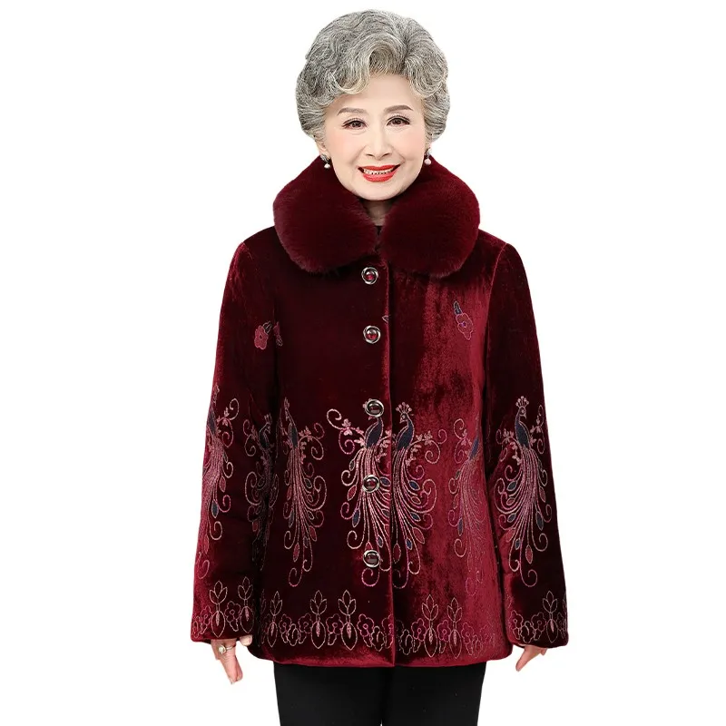 Winter Women\'s Cotton-Padded Jacket 50 To 80 Year Old Grandma Coat Thick Velvet Warm Middle Aged Mother Positioning flower Parka