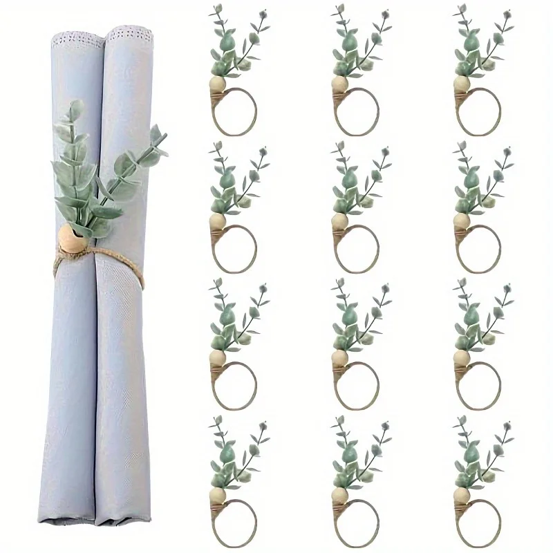 Elegant Eucalyptus Napkin Rings - Rustic Green Leaf Wooden Napkin Holders with Adjustable Height & Removable Cover for Wedding