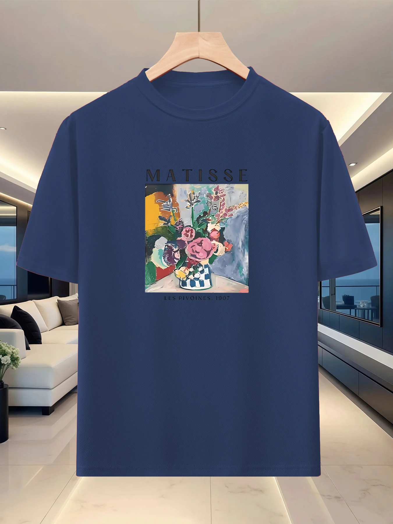 Comfortable and gentle men's loose silhouette T-shirt for hiking, personalized art print, shoulder down short sleeved top