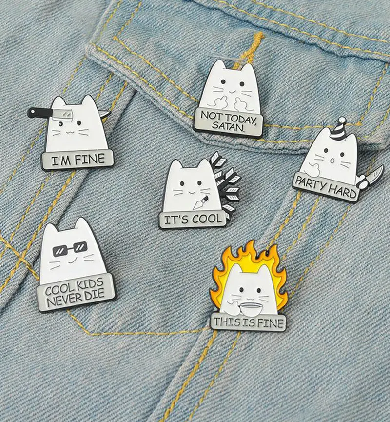 I\'M FINE Enamel Pins Custom COOL KIDS NEVER DIE NOT TODAY SATAN Cat Brooch Lapel Badge Fun Cartoon Jewelry Gift for Kid Friend