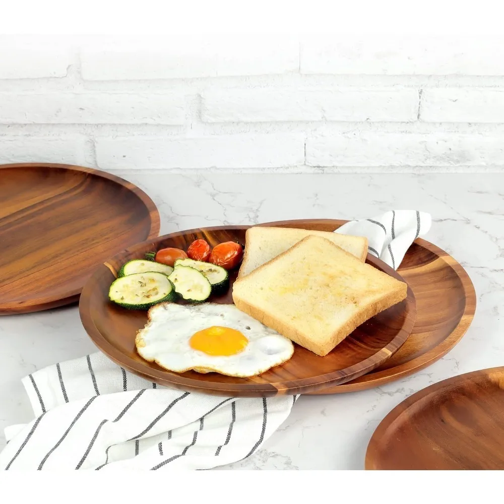 

C5 20/25cm Acacia Wood Round Wooden Dinner Tray Easy To Clean, Fruit Dessert Pizza Salad Tray Stackable Reusable Kitchen Cutlery