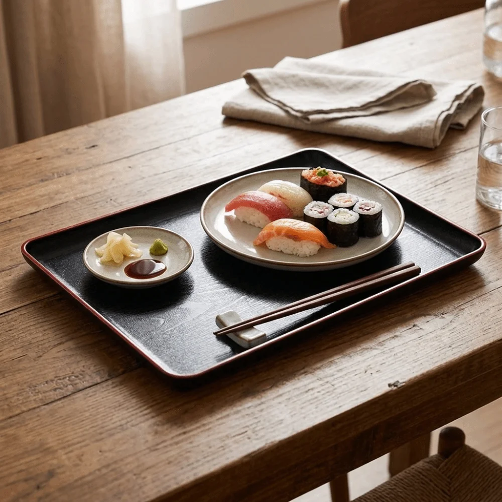 Rectangular Overall Restaurant Serving Tray Thickened Raised Anti-spill Surround Edge Dinner Service Tray With Wood Grain
