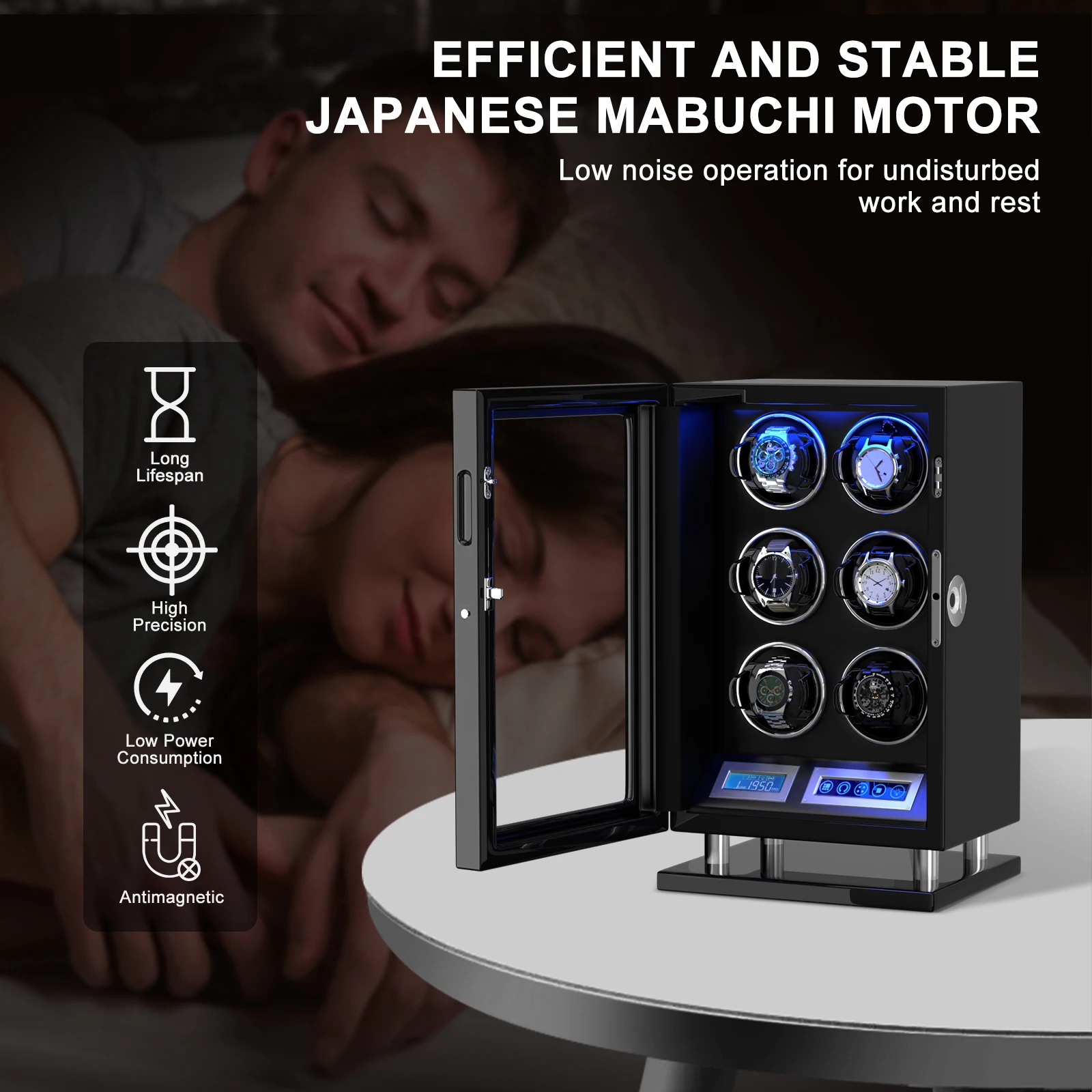 فتح صندوق ملفاف الساعة الأوتوماتيكي ببصمة الإصبع مع شاشة LCD تعمل باللمس وجهاز تحكم عن بعد وإضاءة LED للتخزين لمدة 6 ساعات