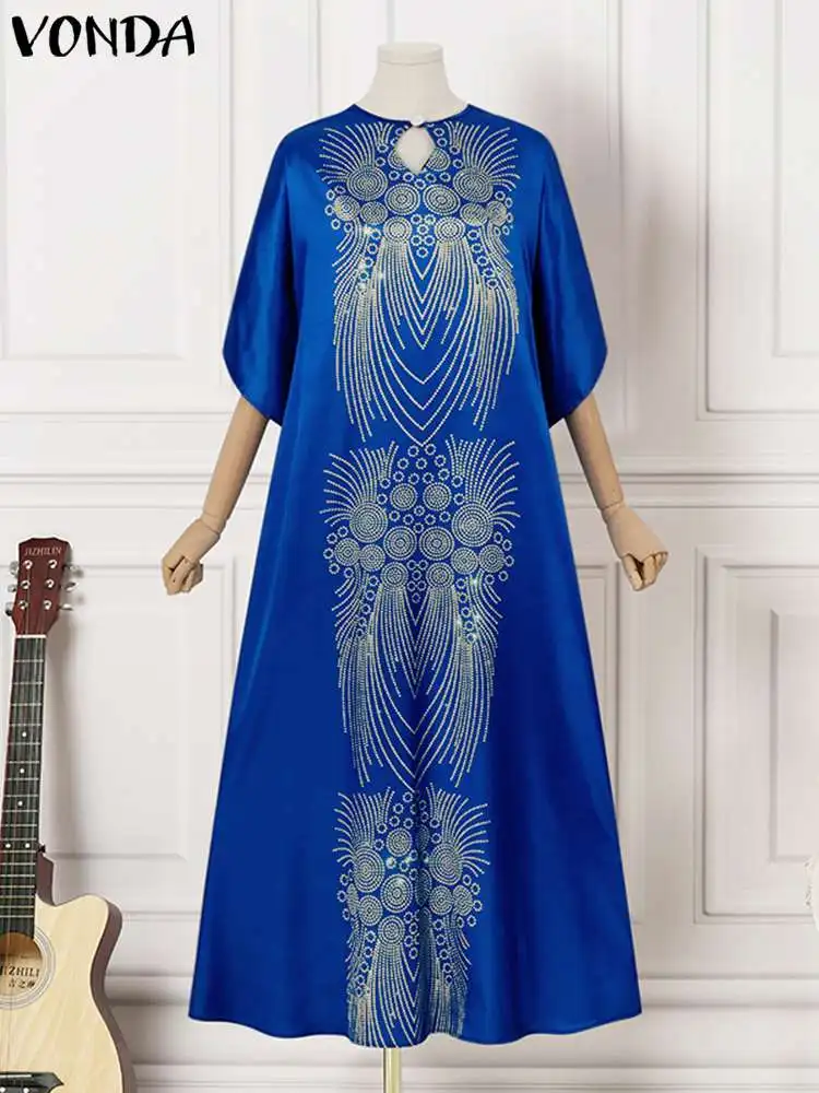 Plus Size Fashion VONDA 2023 Summer Printed Maxi Dress Bohemian Women 3/4 Sleeve Hollow Sexy Pleated Party Robe Casual Long Robe