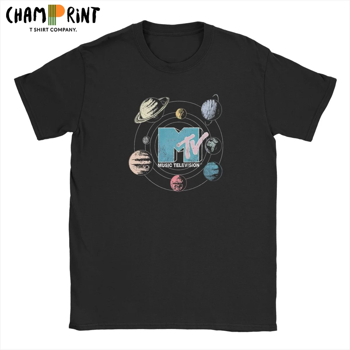 Men Mtv Orbiting Solar System Vintage Mtv Logo T Shirts Pure Cotton Clothing Unique Short Sleeve Crewneck Tees Big Size T-Shirt