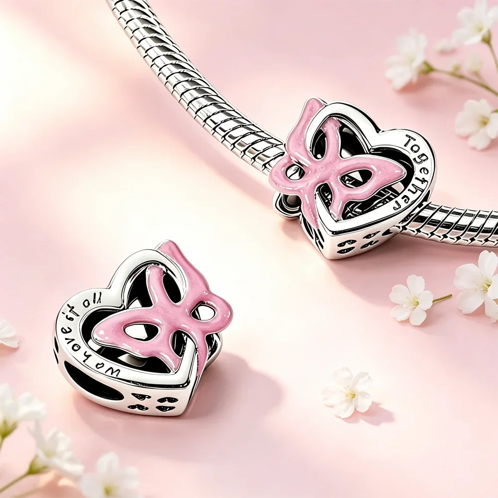 925 Silver Plated Zircon Heart-shaped Beads Pendant Tulip Heart Lock Charms Fit Bracelet Bag Keychain Pendant Jewelry Making