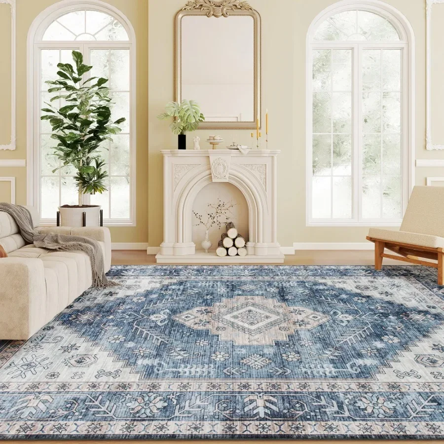 8'X10' Vintage Area Rug, Machine Washable Non-Slip Indoor Rug for Living Room, Bedroom, Dining Room, Blue