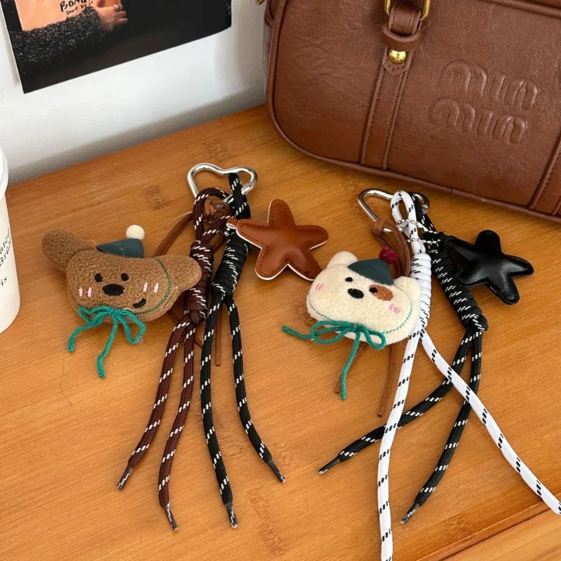 Cartoon plush teddy bear doll pendant, high-end coffee color backpack bead chain keychain decoration