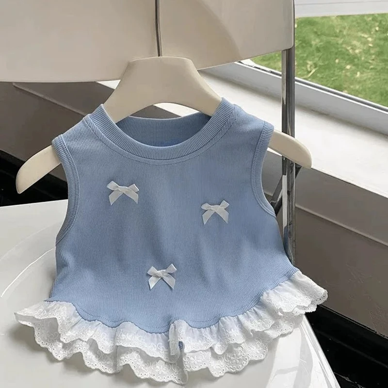Girls' Bow Sleeveless Tank Top Sweet Top 2026 Summer New Lace Splicing Tees Korean Kids Girls Fashion O-neck T-shirt