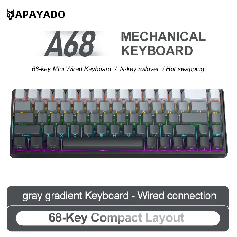 A68 Wired Mechanical Keyboard RGB Backlight,Fully Hot-Swappable Keys,ABS Keycaps,68-Key Keyboard for Gaming/Office Use