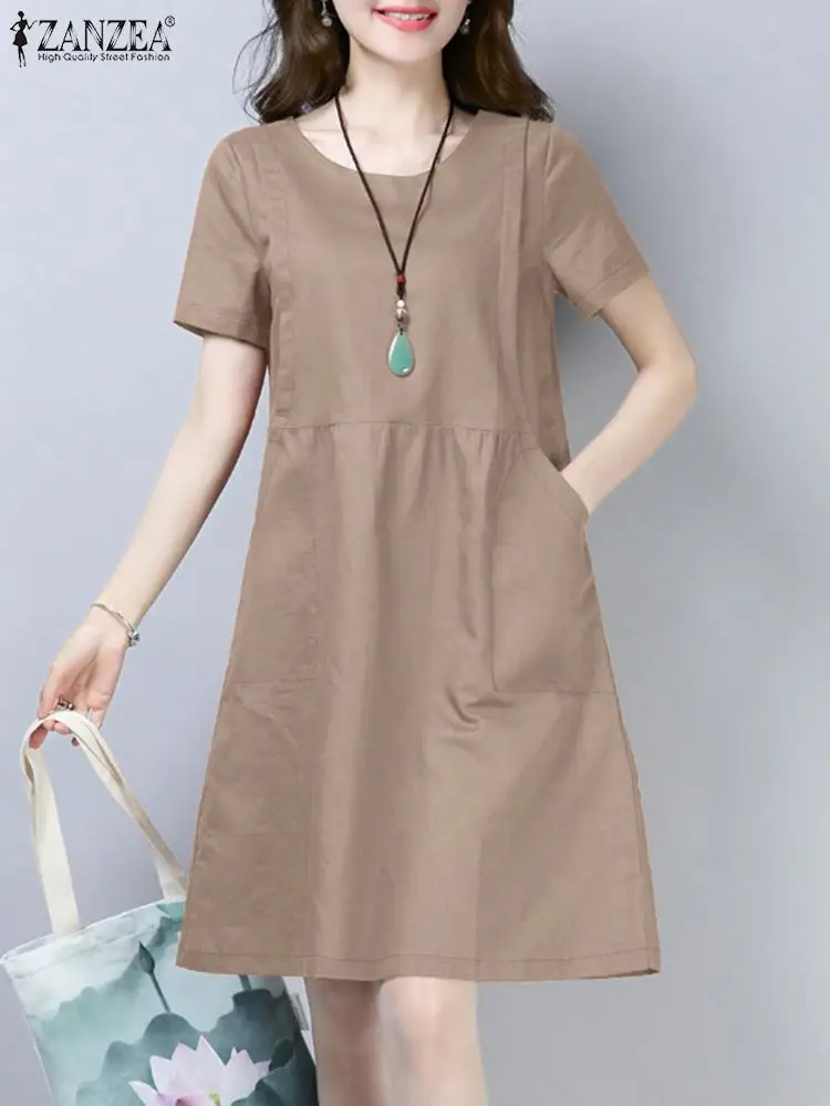 

ZANZEA Summer Elegant Solid Dress Women Short Sleeve O Neck Sundrress Casual Baggy Work Vestidos Robe Femme Kaftan Sarafans