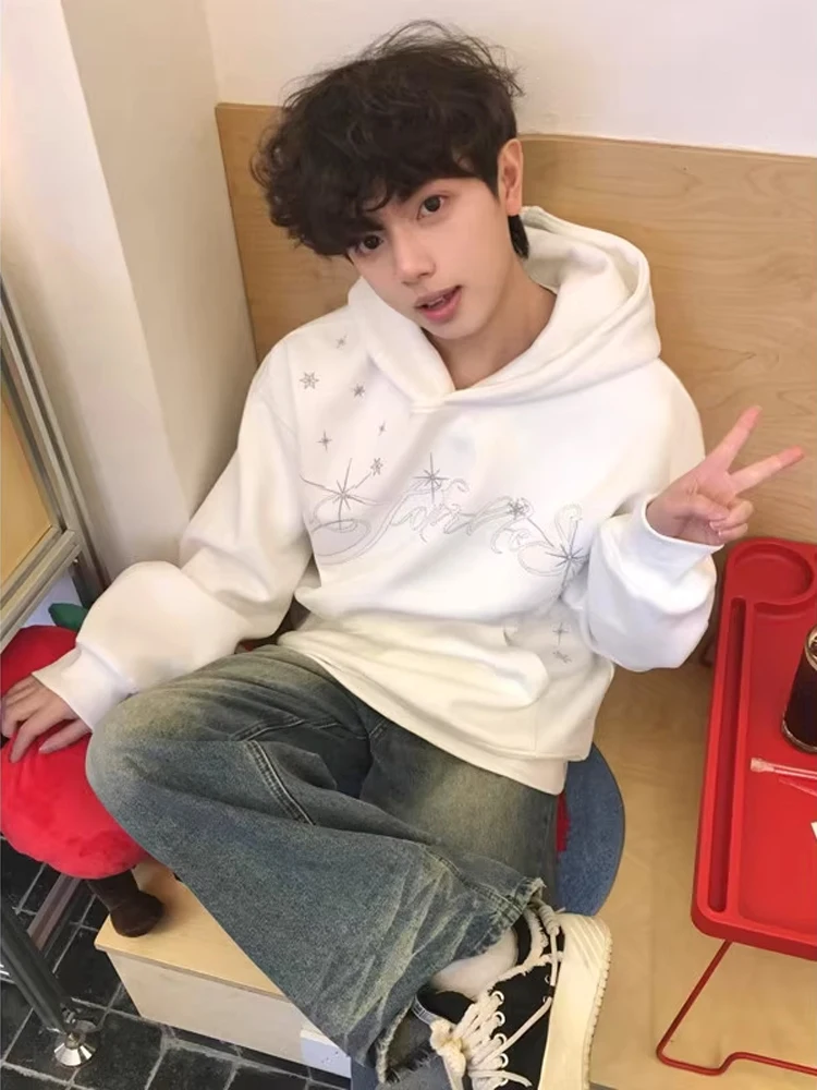 

Мужская толстовка с вышивкой в американском стиле, осенняя, утепленная, для пар, с капюшоном, удобная, длинная