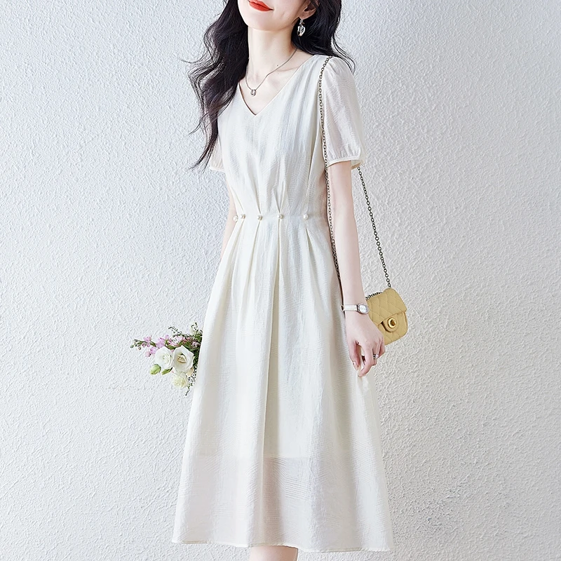 

Coigarsam Long Dress Women Summer New Office Lady French Style Solid High Waist V-Neck White Dresses