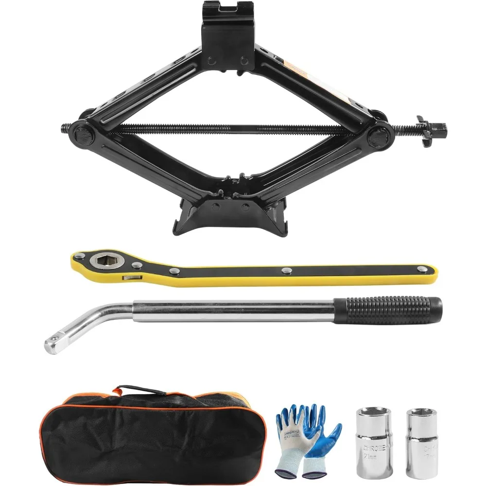 رافعة مقصية - أداة جاك إطارات السيارة 2 طن، طقم طوارئ عالمي مع مفتاح ربط، طقم تغيير الإطارات المحمول للسيارة والشاحنة