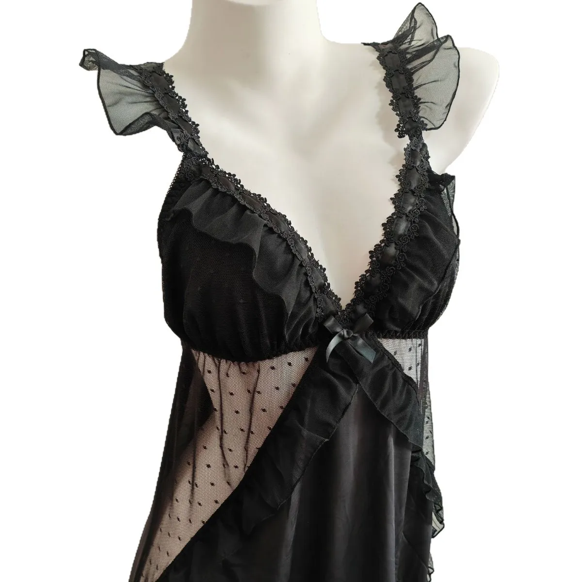 Women Black Ice Silk Nightgown Set Spaghetti Strap Bow Lace Ruffle Sleep Dress With Matching Panties Sexy Lingerie Home Pajamas view 5