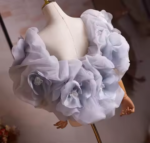 New greydish blue ruffle exaggerated shawl wrap prom evening performance dress gown DIY accessories