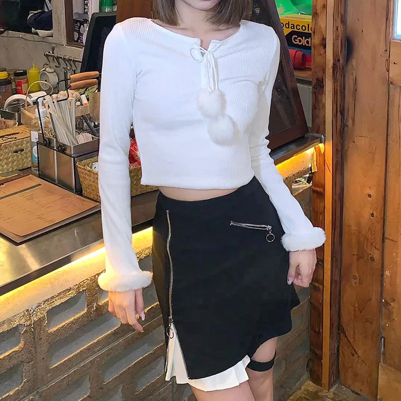New Pure Color Fur Ball Slim Short Cropped Fashion Round Neck Long-sleeved T-shirt Women Clothing 2023 Spring and Autumn Women's
