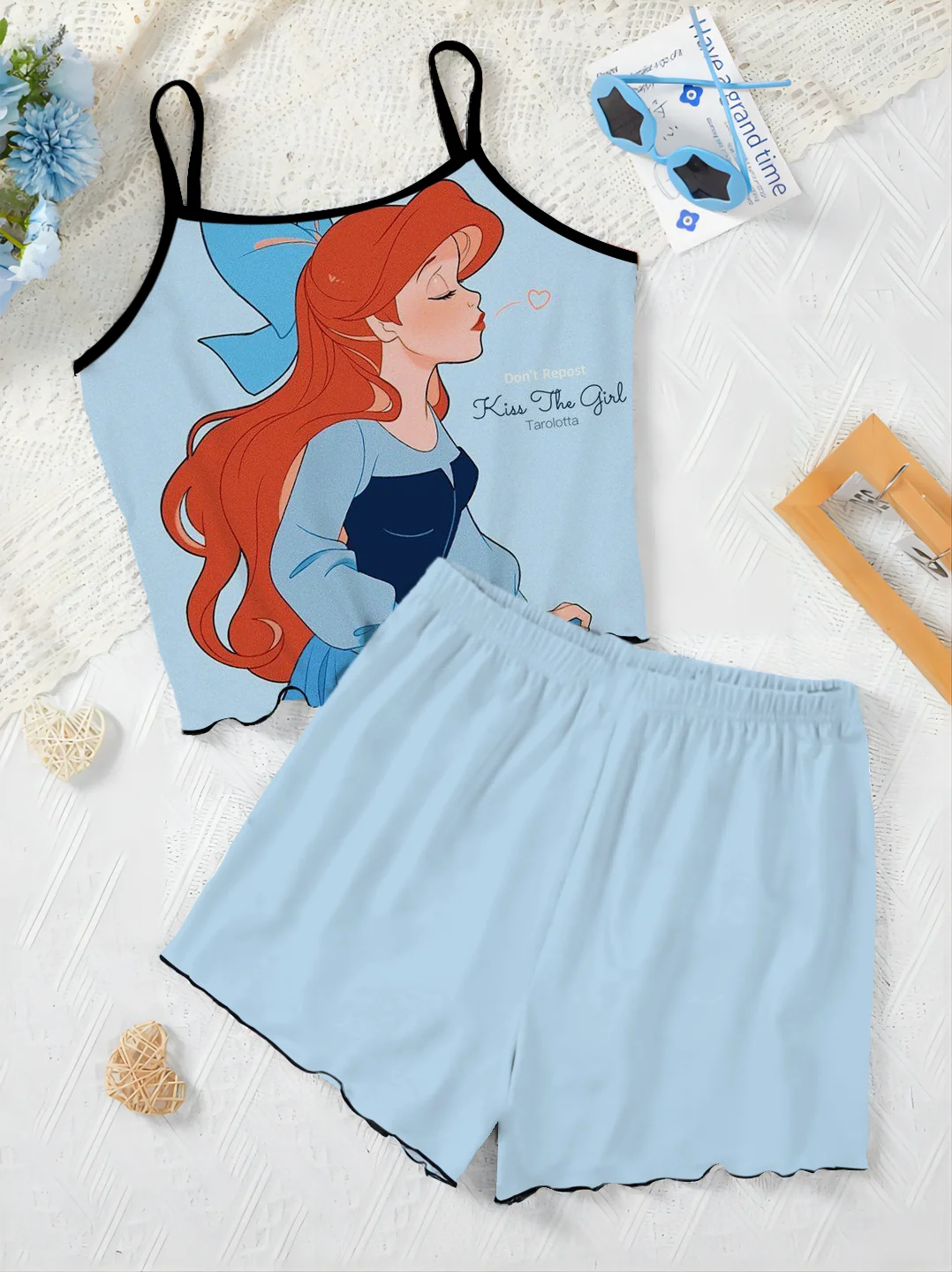 Abito da donna a sirena Set corto Top lattuga Trim Slip Dress t-shirt Disney New Two Piece Set pigiama gonna pezzi pantaloni eleganti