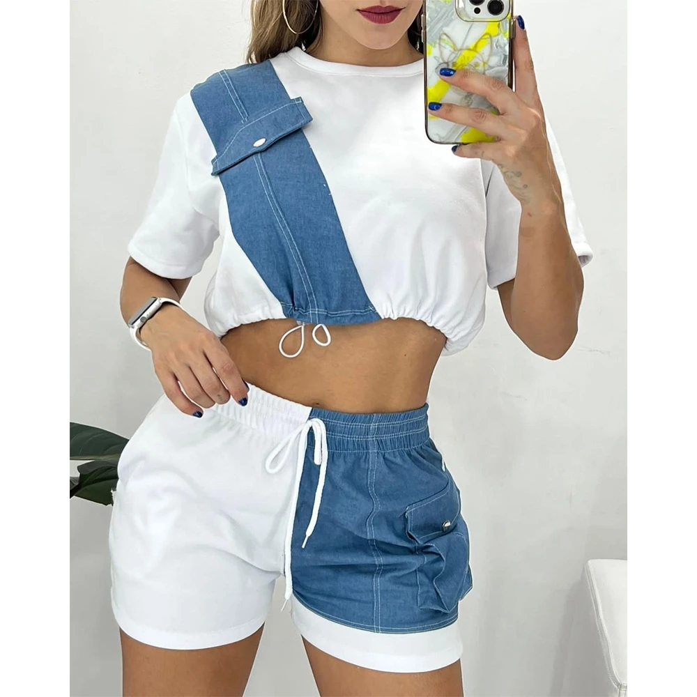 Women Denim Patch Top & Drawstring Shorts Set Female O-Neck Short Sleeve 2 Piece Casual Summer Outfits Clothing