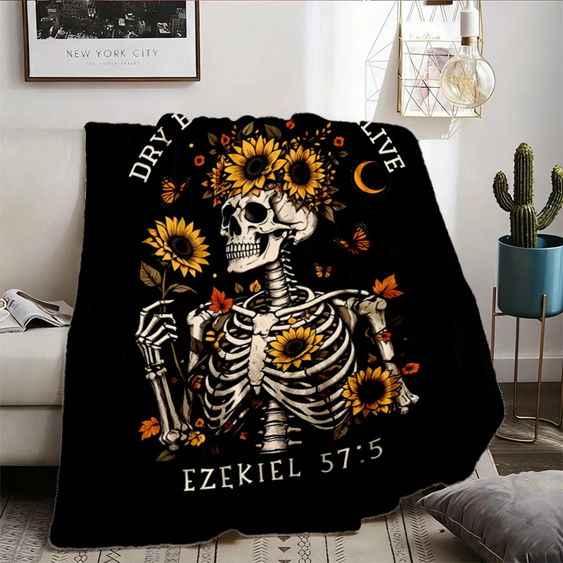 Christian Skeleton Flannel Blanket, Dry Bones Come Alive Ezekiel 37 5 Flannel Throw, Floral Bible Verse Cozy Blanket
