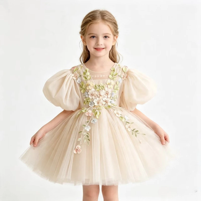 Kids First Birthday White Floral Gown New Party Children Girls Tutu Flower Girl Princess Dress Evening Elegant Fashion Costume