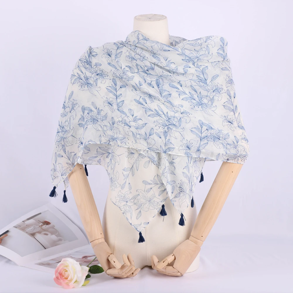 RIMAIRE Voile Flower Headscarf Light Shawl Tassel Printed Long Scarf 2024 New Fashion Muslim Hijab Lightweight and Breathable