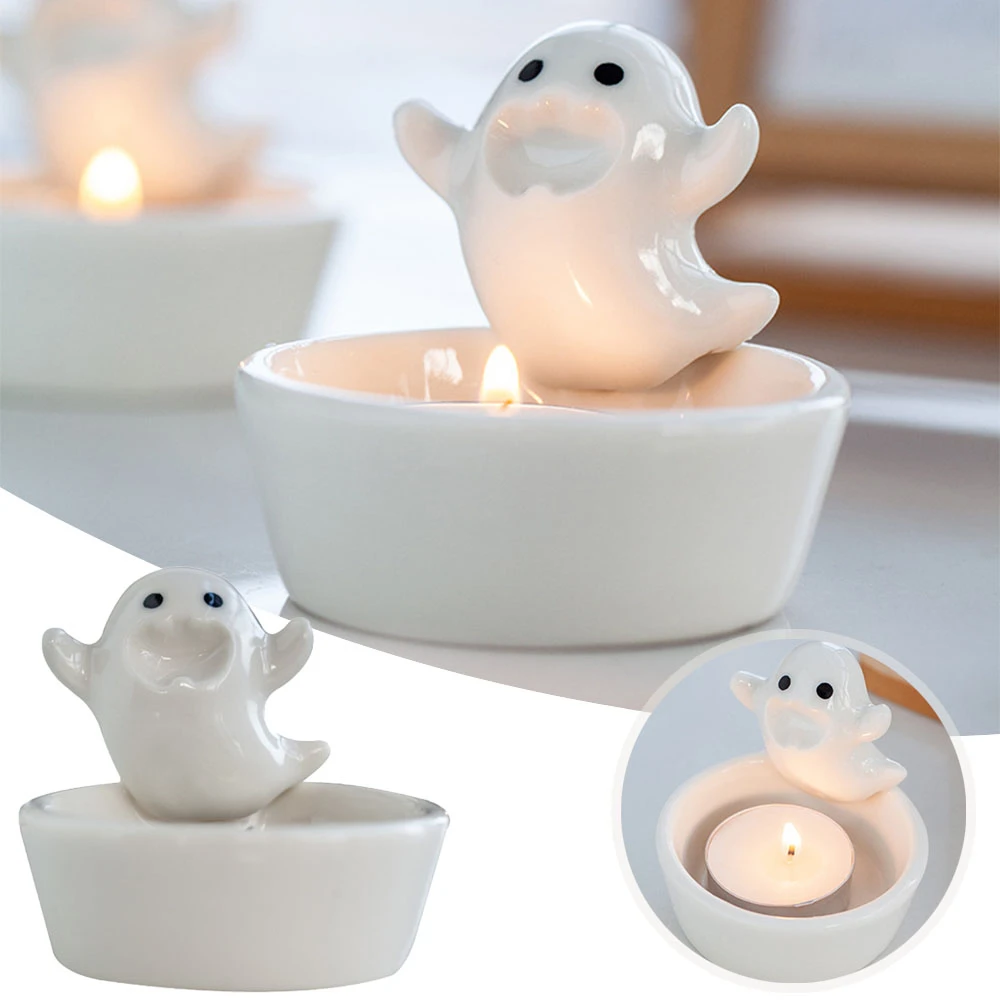 Halloween Ghost Candle Holder Ceramic Ghost Candlestick Halloween Candle Holder Kawaii Party Decorations Ornament Gift Cartoon C