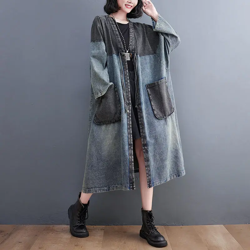 Vintage Washed Denim Coat For Women Spring Autumn Loose Large Size Color Contrast Big Pocket Casual Long Windbreaker Jakcet T189