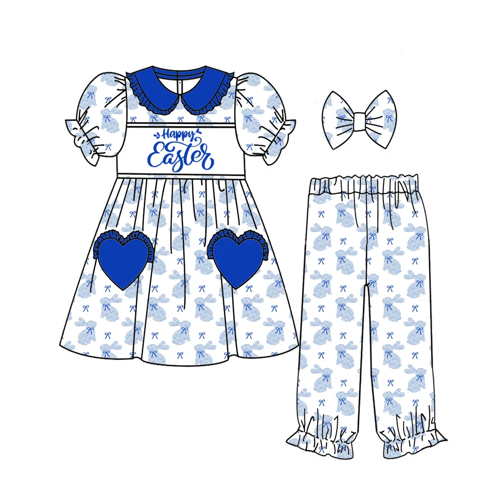 

New Easter kid's pjs set including collared ruffled dress matching pants boys and girls rabbit pattern milk silk fabric custom