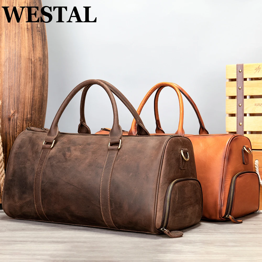 Westal-Bolsa de viagem vintage masculina, couro de vaca, mochila de grande capacidade, viagem curta, esporte ao ar livre, bolsas de ombro Weekend