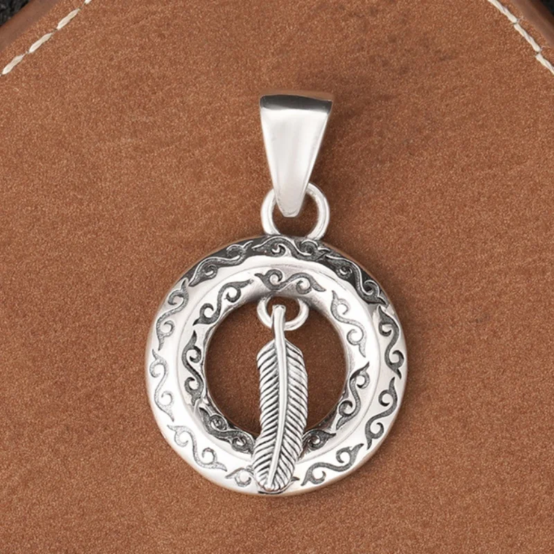 S925 Sterling Silver Charms Pendants for Women Men New Fashion Circular-ring Eternal Rattan Pattern Feather Wholesale