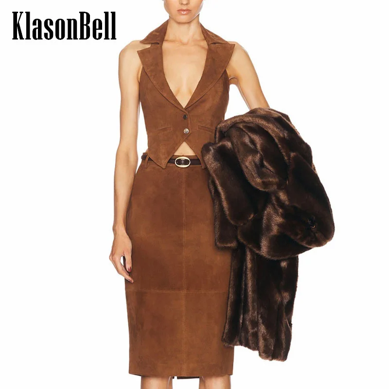 1.13 KlasonBell Temperament Fashion Girl Suede Lapel Collar Halter Backless Vest Or Split Midi Skirt Set