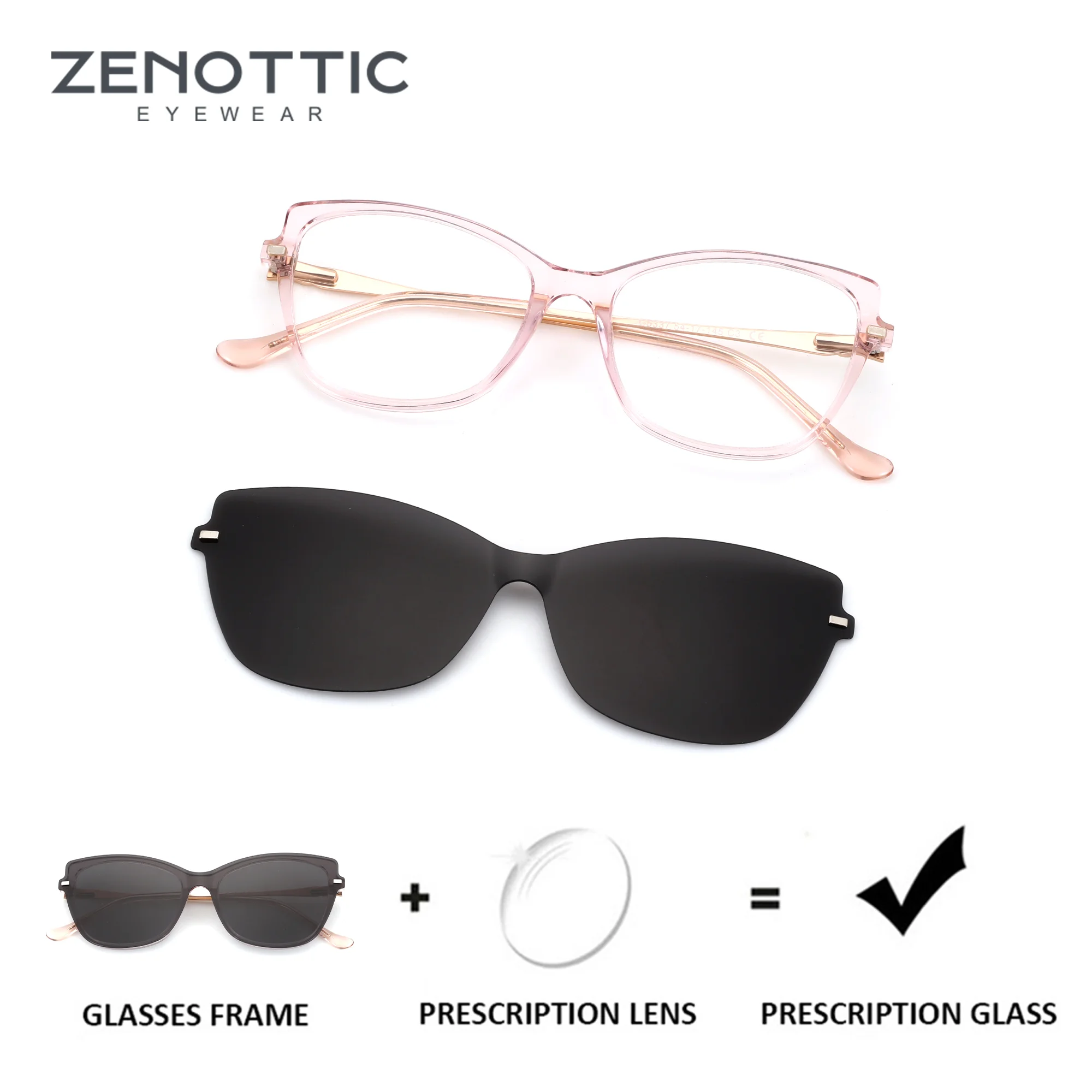 

ZENOTTIC（M Size）Fashion Butterfly Prescription Glasses with Magnetic Clip On Acetate Frame for Women Sunglasses Attachment