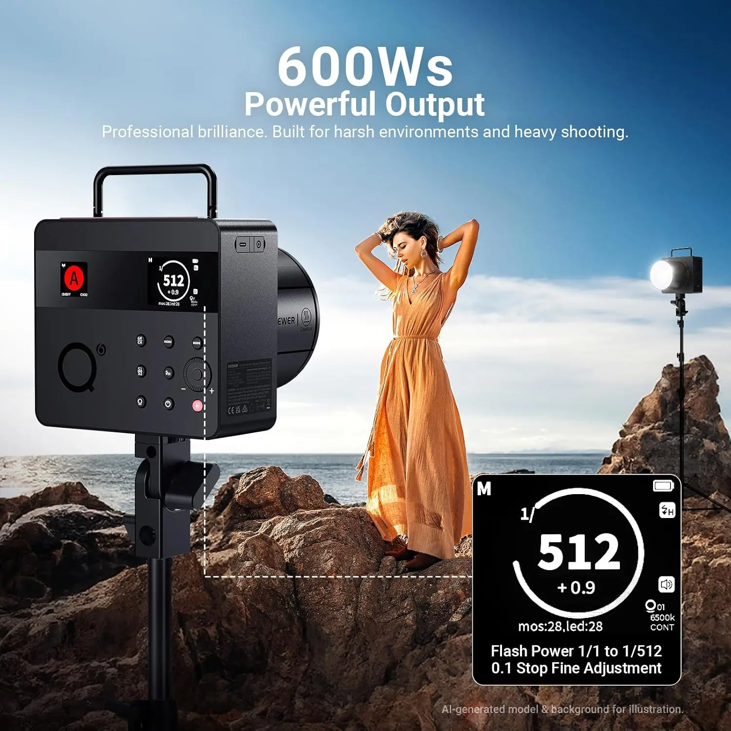 NEEWER 600Ws 2.4G TTL Outdoor Studio Flash App Control, 1/8000s HSS 30W Bi Color Modeling Lamp 400 Full Power Flash Strobe Light