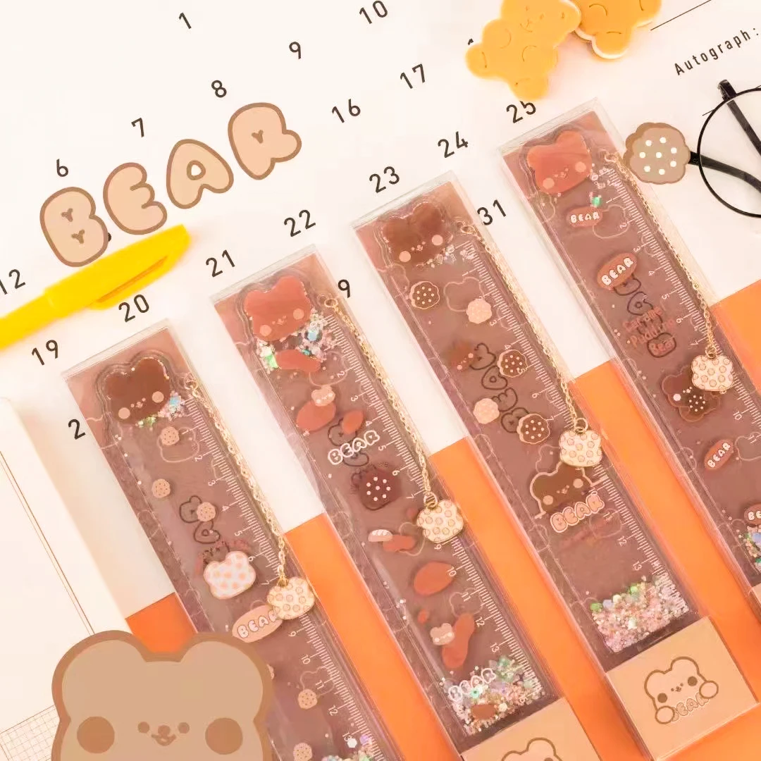 Cute Bear Drawing Bookmark, Quicksand Ruler, Office Gadgets, Papelaria Estética, Material Escolar, Acessórios, Coisas